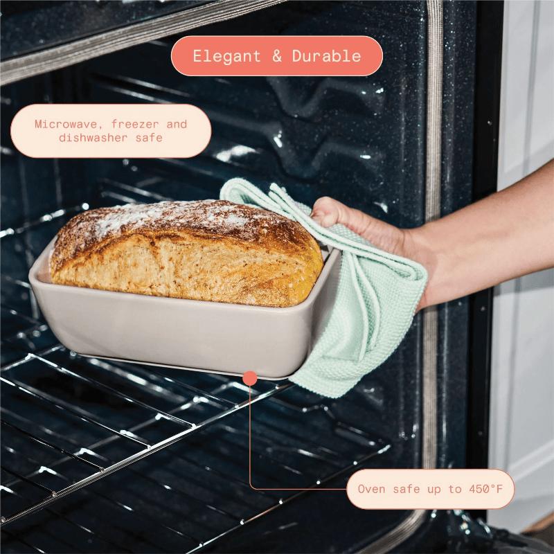 8.75x4.75 Inch Porcini Taupe Stoneware Loaf Pan, Oven-Safe Baker for Artisan Bread Baking