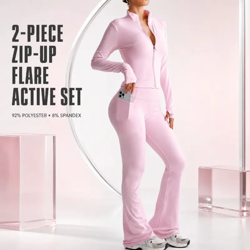 Women's Matching 2 Piece Workout Set, Slim Fit Zip-Up Yoga Jacket and High-Waisted Leggings, High Stretch Tight Athletic Gym Outfit, Waist Cinching Activewear Tracksuit for Fitness, Running, Pilates, Training, Walking, Travel and Casual Everyday Wear