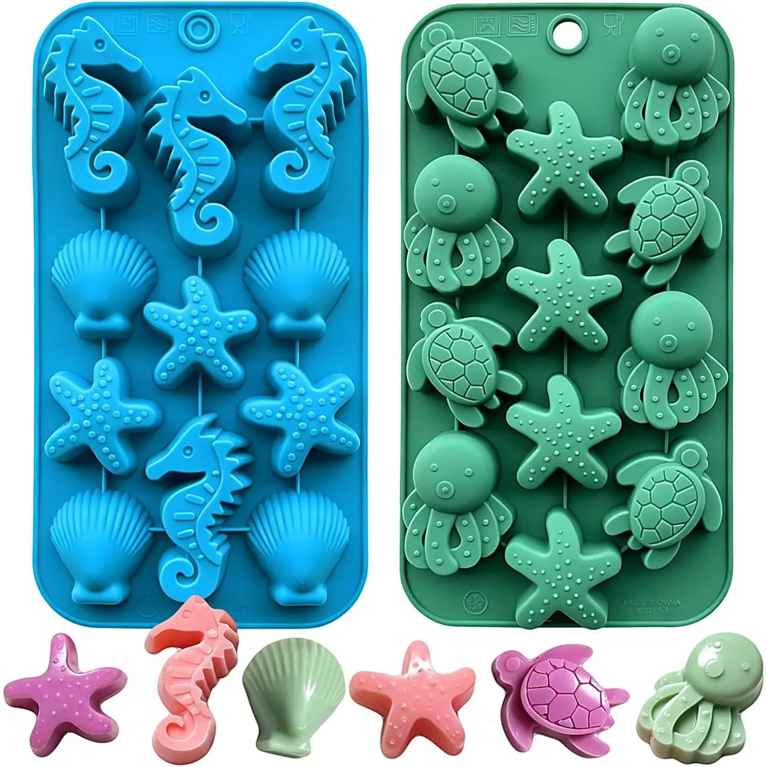 2-Pack Ocean Animal Silicone Molds, Seahorse Starfish Shell Turtle Octopus Sea Creature Shapes, for Chocolate Candy Baking, Ice Cubes, Soap, Candles, Jello DIY Crafts
