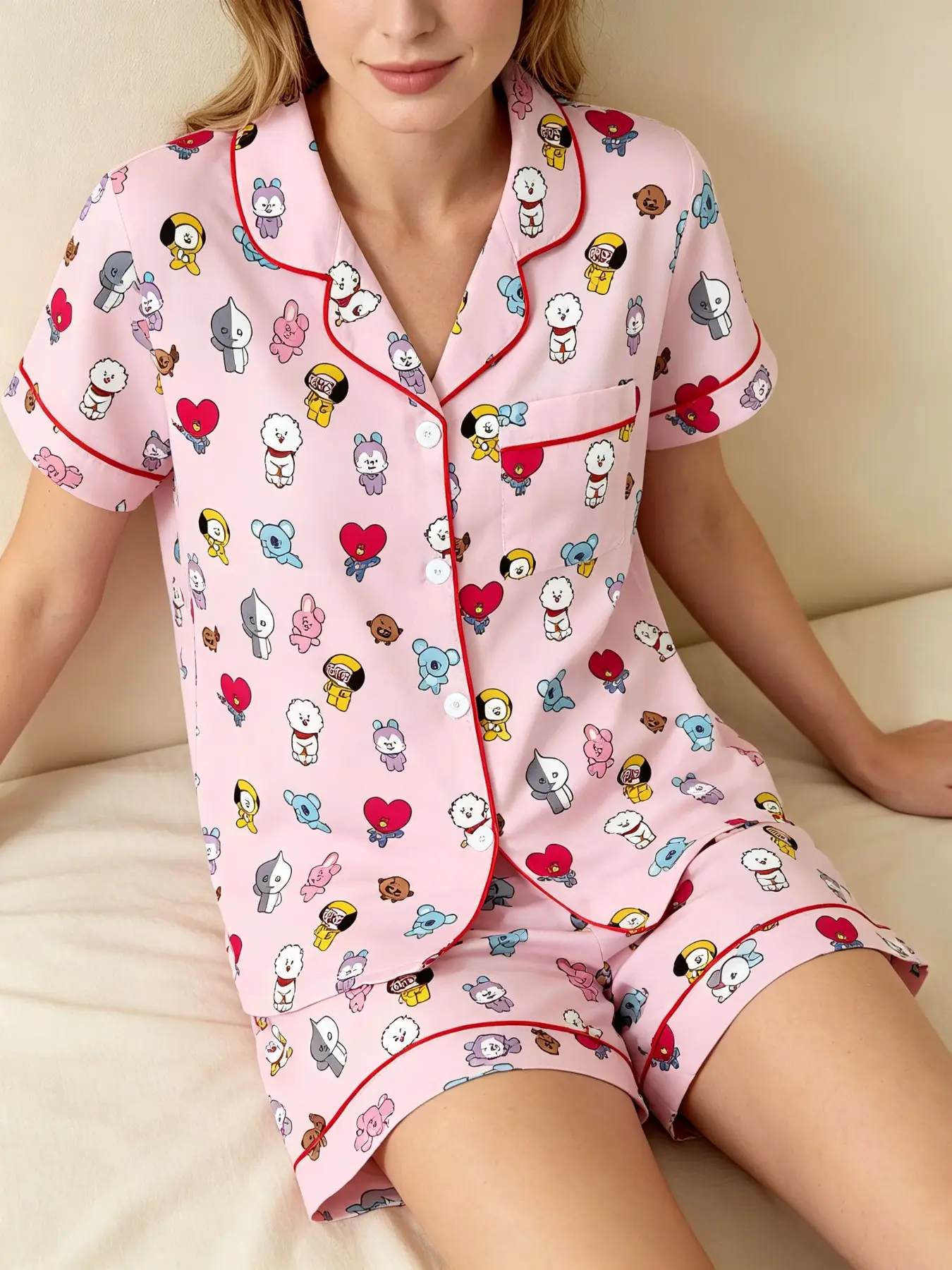 Adorable Cartoon Print Women's Pajama Set, Comfortable Two-Piece, Short Sleeve Button-Up Top & Elastic Shorts, Casual Home Wear Gift