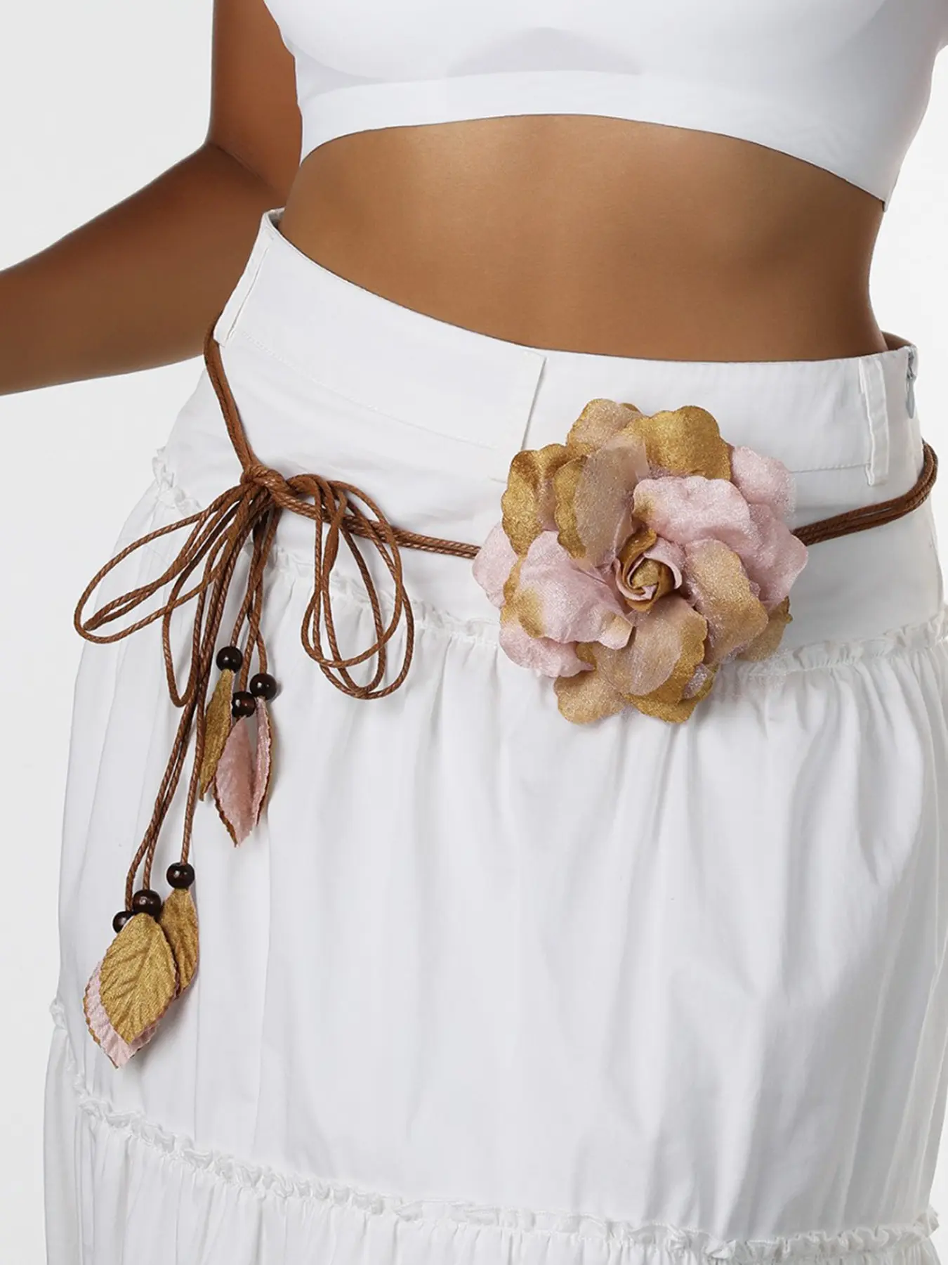 1pc Boho Ethnic Style Women's Large Flower Waist Chain, Sweet Knot Belt, Long Fringe Decorative Skirt Tie, casual style belts, Fashion Accessory, Waist Accessories, Belt for Dress
