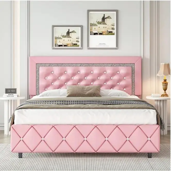 Diamond Bed Frame, No Mattress, Comfortable and Adjustable Headboard, Luxury Leather, Modern, Sturdy, No Box Spring Needed, Easy Assembly#summer garden