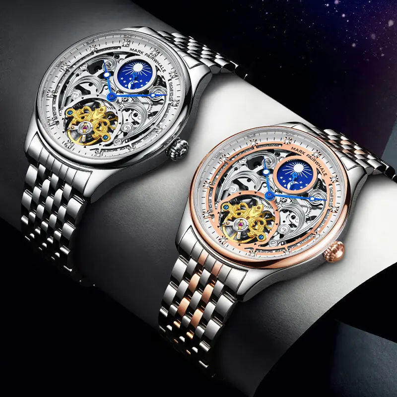 Mark Fairwhale Automatic Mechanical Movement Men Wristwatch Luxury Diamond Carved Dial Automatic Mechanical Movement Skeleton Moon Phase Fashion Watch for men FW-6750