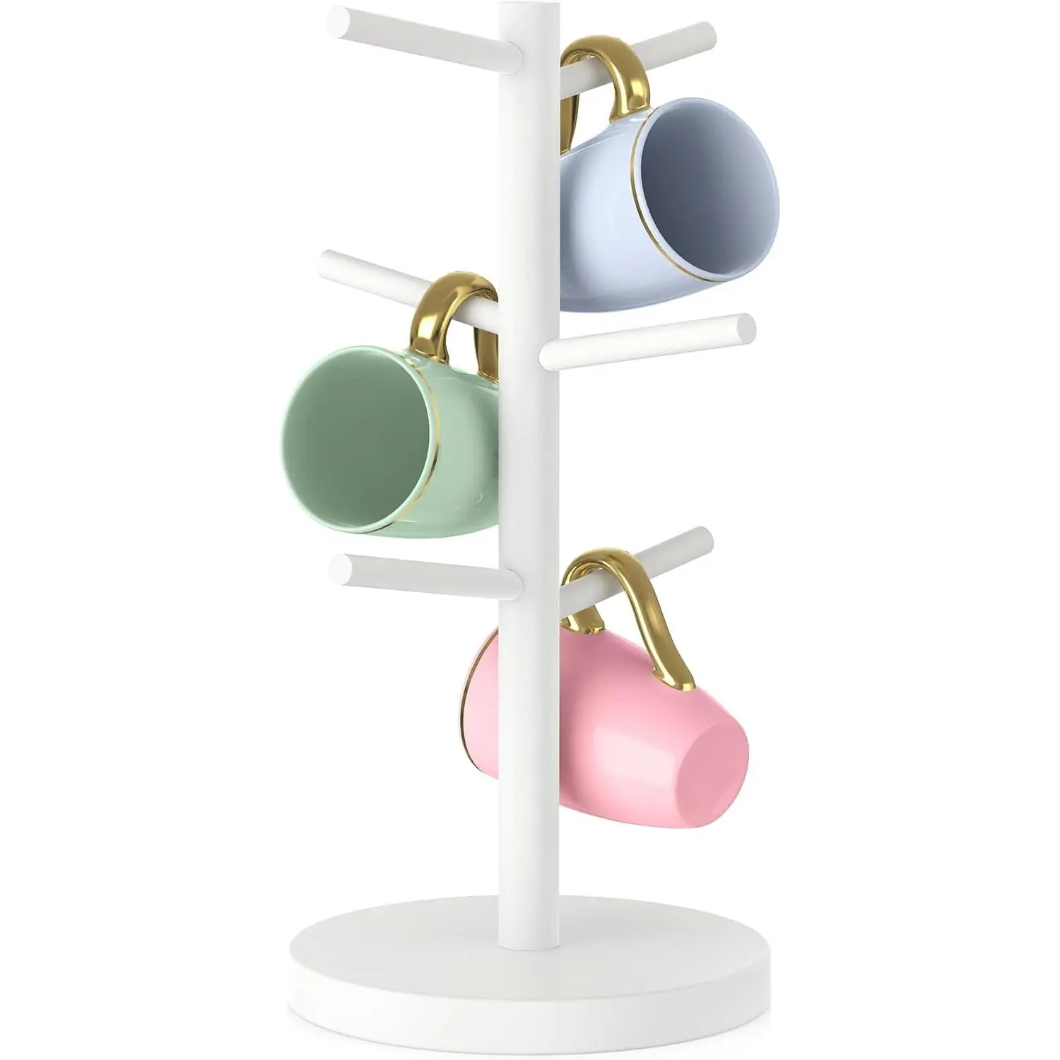 Coffee Mug Tree Holder with 6 Hooks, Cup Stand for Countertop, White | Non-Slip Coffee Mug Rack,  Wooden Base, Coffee Cup Holder Organizer for Counter, Space-Saving, Easy to Assemble