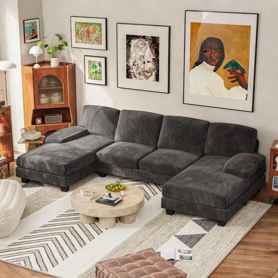 Flamaker Sectional Sofa Couches Living Room, U-Shaped Modular Sectional Sofa With Corduroy, 6-Seater Sofa Comfy Couch With  Double Chaise