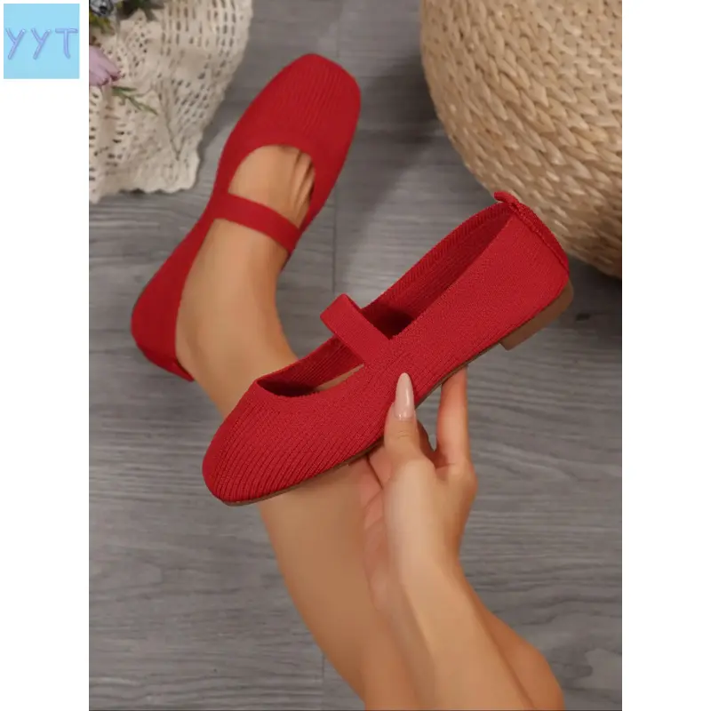 YYT1 Women's Fashion Casual Knit Mary Jane Flats - Square Toe Ballet Shoes with Soft Comfortable Sole, Textile Upper for Fall (Sports & Outdoor Accessories), Ballet Flats