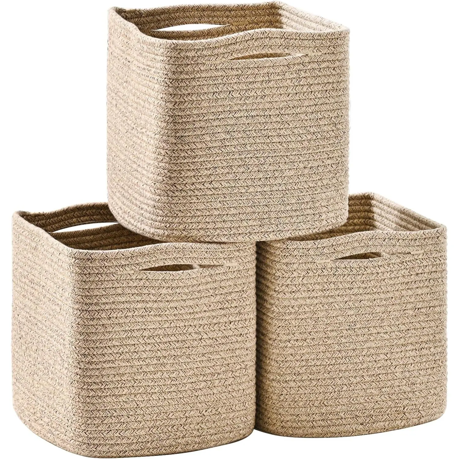 11 Inch Cube Storage Bins, Woven Baskets,  Brown, Pack of 3 | Cube Organizer Bin,  Rope Basket for Storage Organizing Shelves, Square Baskets for Toys Books  Bathroom