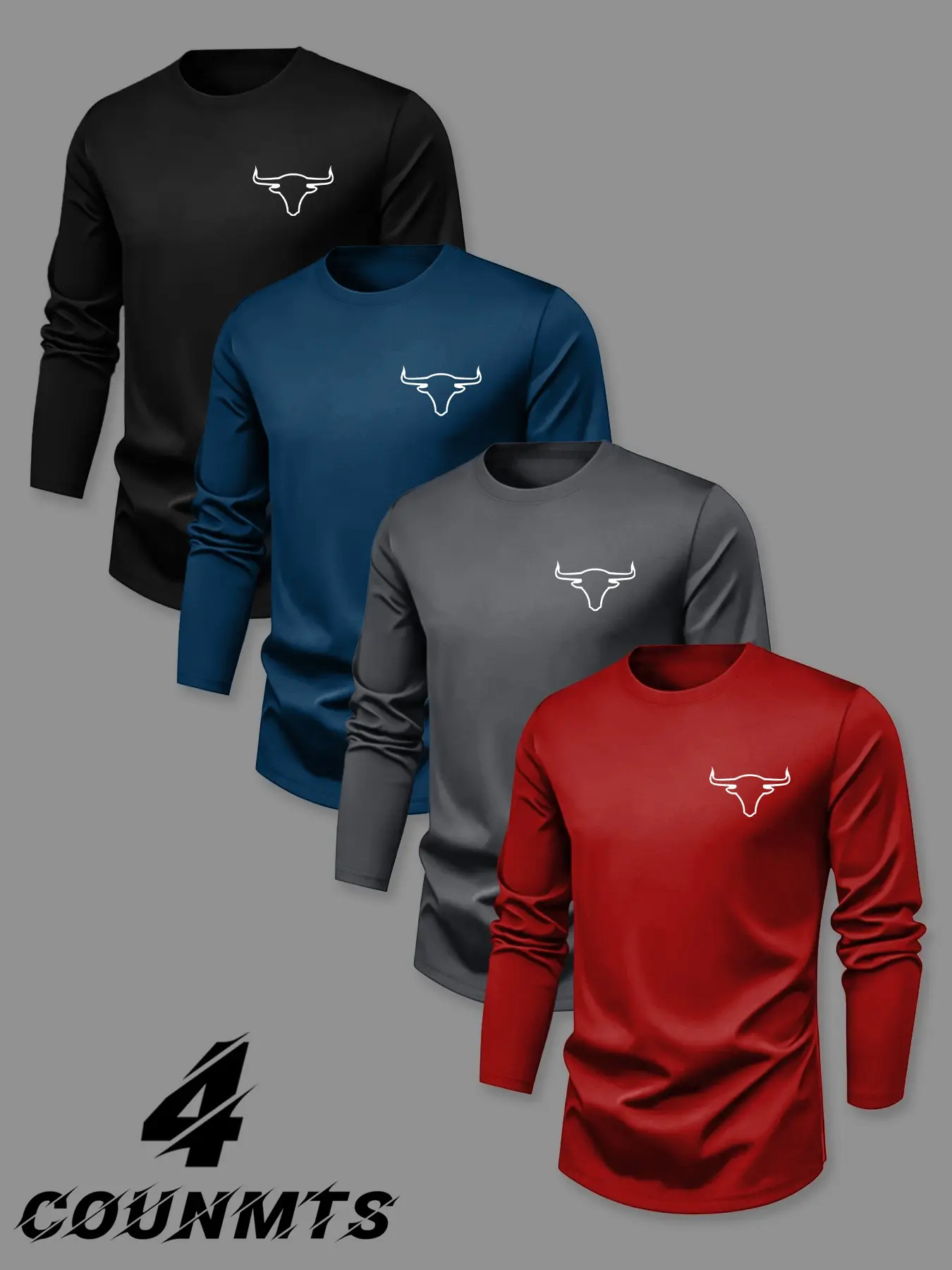 4 Counts Men's Tops Minimal Bull Skull Outline Graphic Crew Neck Long Sleeve Base Layer, Western Cowboy Urban Streetwear Casual, Breathable Summer Top, Soft Breathable Quick Dry Stretch Knit Fabric, Slim Athletic Silhouette