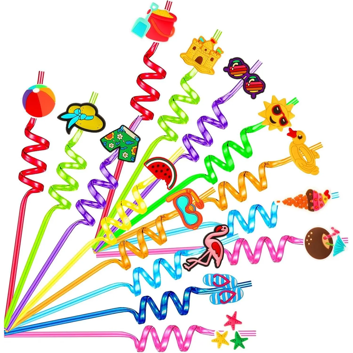 15 count Summer Drinking Straws,Beach Pool Party Crazy Silly Straws with 2 Cleaning Brushes Summer Themed Party Favors Decorations