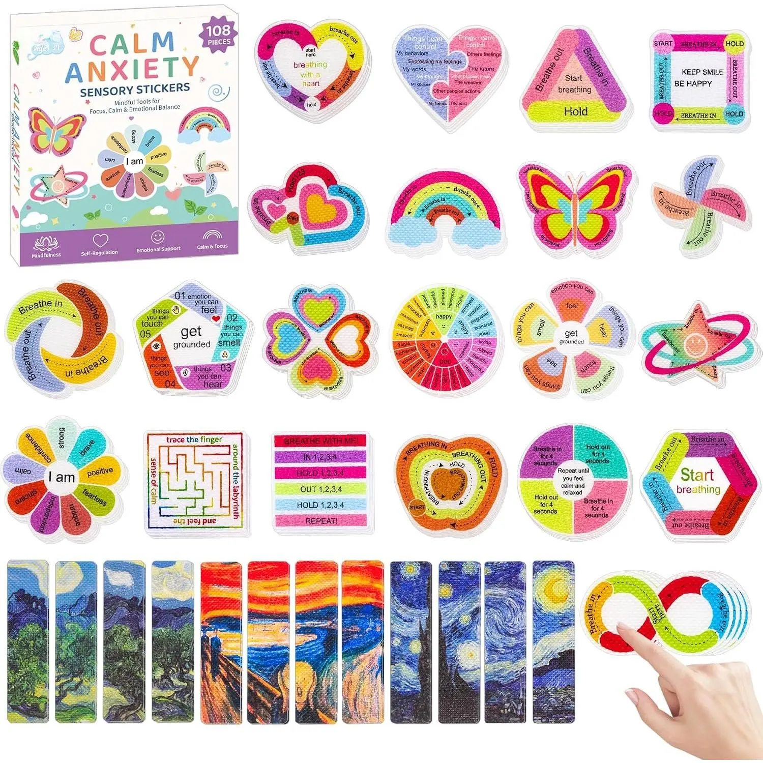 108 count  Texture Sensory Stickers for   | Mindfulness  Fidget Stickers for Focus, Calming Textured Strips for Teens and Adults, Office, Classroom & Desk
