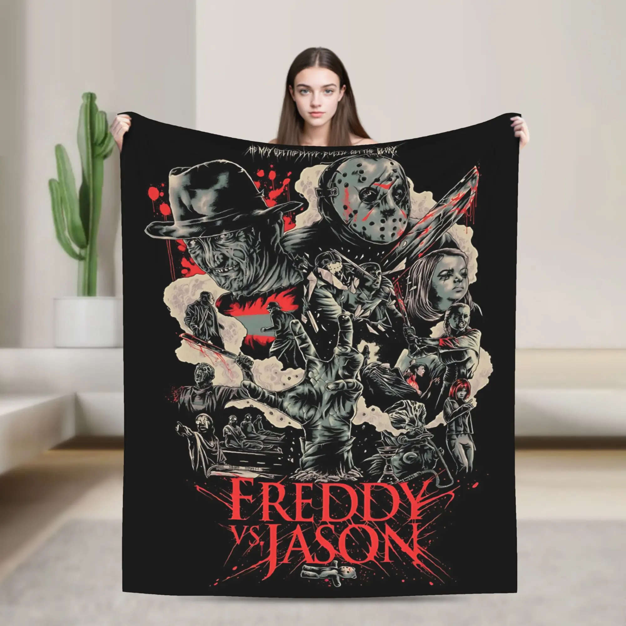 Freddy Vs Jason Horror Movie Collage Flannel Throw Blanket, A Nightmare on Elm Street Friday The 13th Blanket, Soft Lightweight Cozy  Blanket for Sofa Bed Dorm, Halloween Decor Gift for Slasher Horror Fans