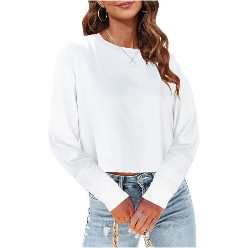 Womens Long Sleeve Cropped T-Shirts Round Neck Drop Shoulder Crop Sweatshirts Solid Casual Crop Tops