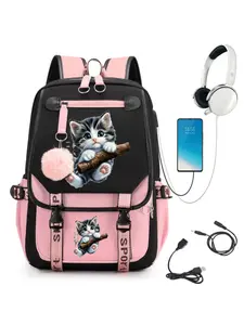 Back To School Cute Tabby Kitten Print Backpack For Teen Girls, School Backpacks, Purple Black Contrast Laptop Bookbag With USB Charging Port, Fluffy Pink Pom Pom Pendant, Large Capacity Waterproof Cat Student Rucksack For Middle High School Travel Daily