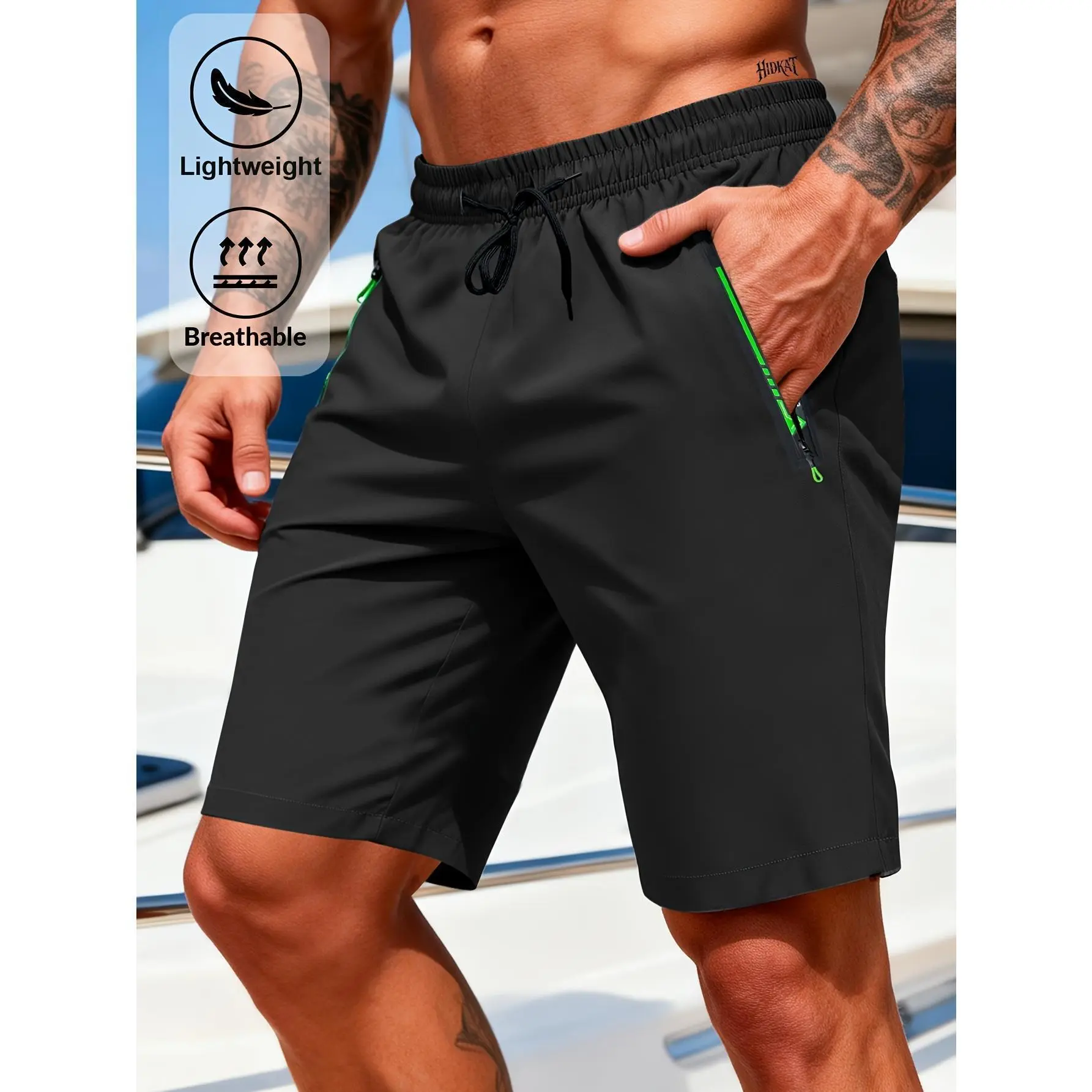 Men's lightweight breathable contrasting zipper pocket casual shorts Multi color optional drawstring elastic waist fitness five point sports pants Versatile solid color side pocket casual pants for daily commuting