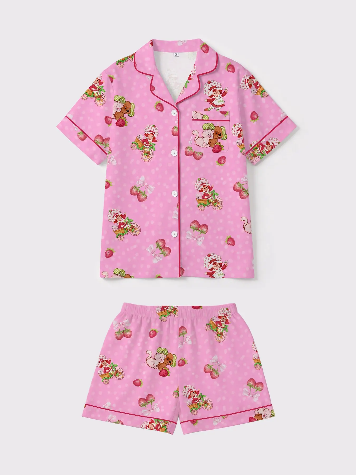 Women's Pajama Set, Soft Comfortable Sleepwear, Strawberry Heart Print, Loose-Fitting, Casual Home Wear, Suitable for All Seasons, Pjs, Elastic