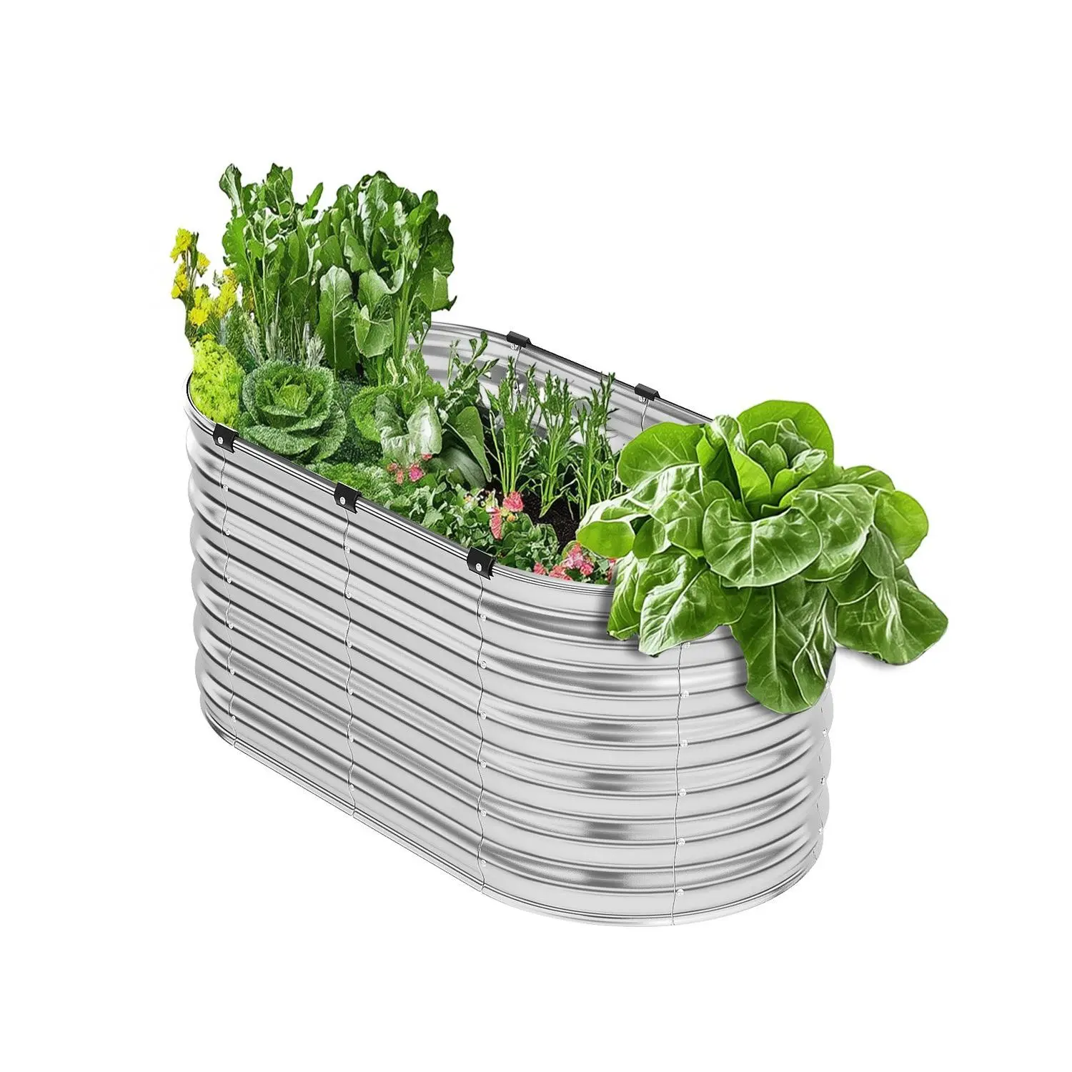 VEVOR Galvanized Metal Raised Garden Bed, 4x2x2 ft Outdoor Oval Shape Planter Box with Open Bottom for Plant Growing, Silver Raised Garden Beds for Vegetables, Flowers