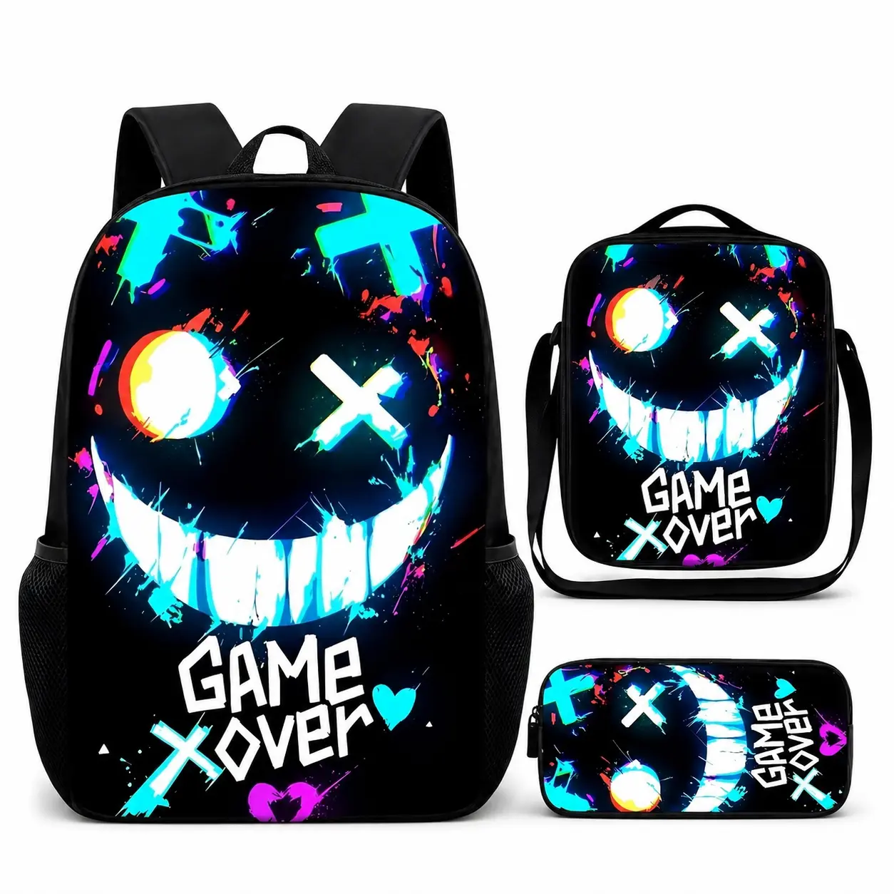 3PCS Kids Game Over Backpack Set, Neon Smile Face Graphic School Bag with Matching Lunch Bag and Pencil Case, Cool Gamer Style Bookbag for Boys Girls, Lightweight Student Daypack with Side Mesh Pockets, Back to School Gift for Elementary Middle School
