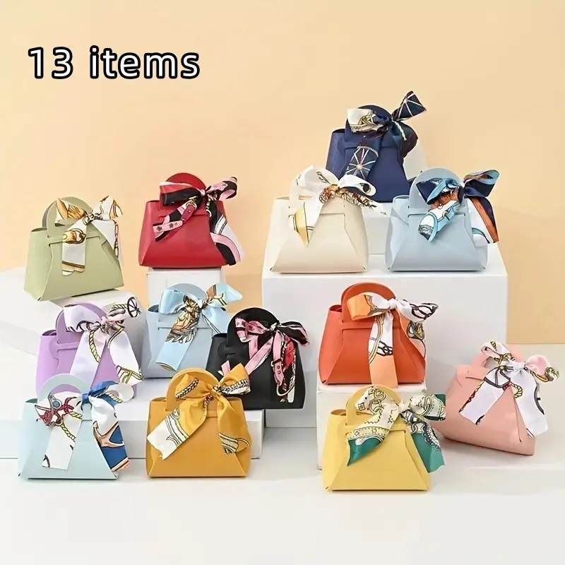 13-Piece European Style Wedding Gift Bags, Leather-Like Handbags with Bow, Perfect for Weddings, Graduations, Candy Packaging