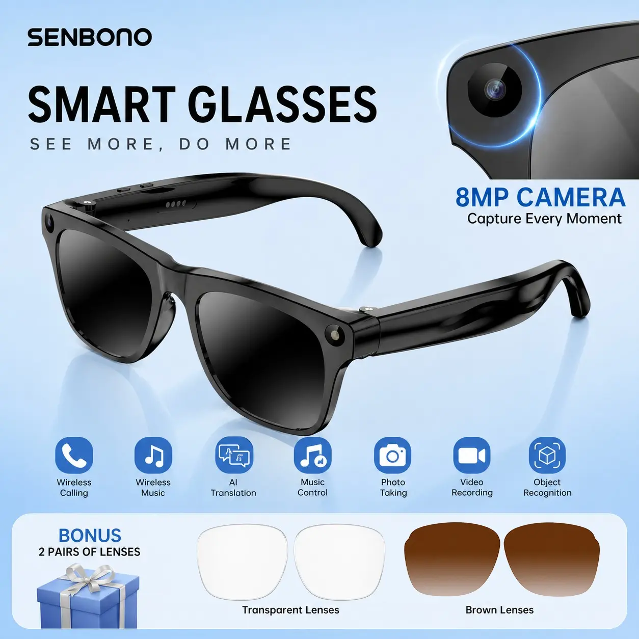SENBONO Ai Smart Glasses, Photo Video Audio, Ai Translation, Touch + Physical Buttons, 8mp Camera, Flashlight, Lightweight, Perfect for Outdoor & Sports