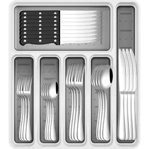 49-Piece Silverware Set with Organizer, Stainless Steel Flatware Utensils Set for 8, Forks and Spoons Silverware Set Cutlery Set with Steak Knives, Dishwasher Safe
