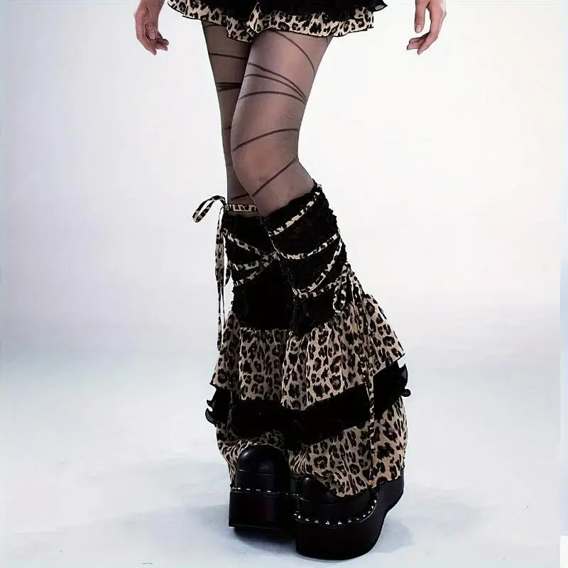 1 Pair Y2K Leopard Print Lace Trim Leg Warmers, Retro Subculture Voluminous Calf Sleeves Fashion Y2K Women Outfit Accessories, Lady Black Socks