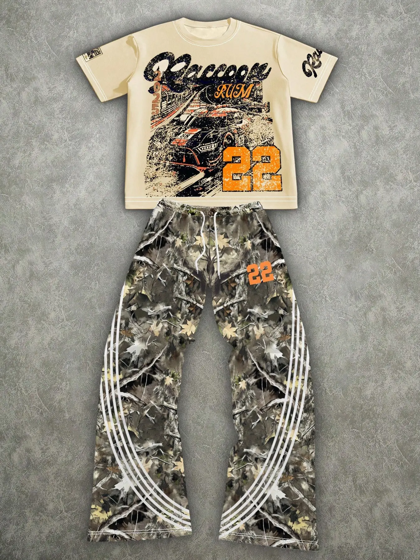 Men's Summer Two-Piece Set, American Retro Racing Theme Street Style, Short Sleeve T-Shirt + Camo Wide Leg Pants, Casual Fashion Loose Fit