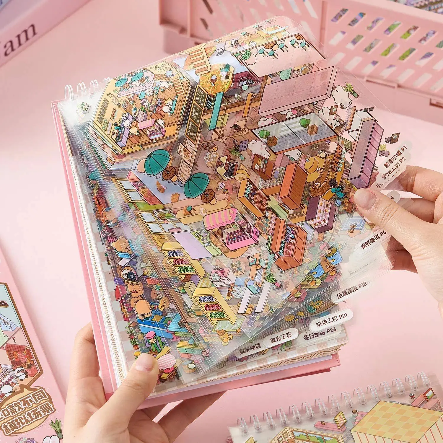 Kawaii Cute Shop 3D Sunshine Town Landscape Sticker book DIY Pocket Cabin Scene festival gift ﻿
