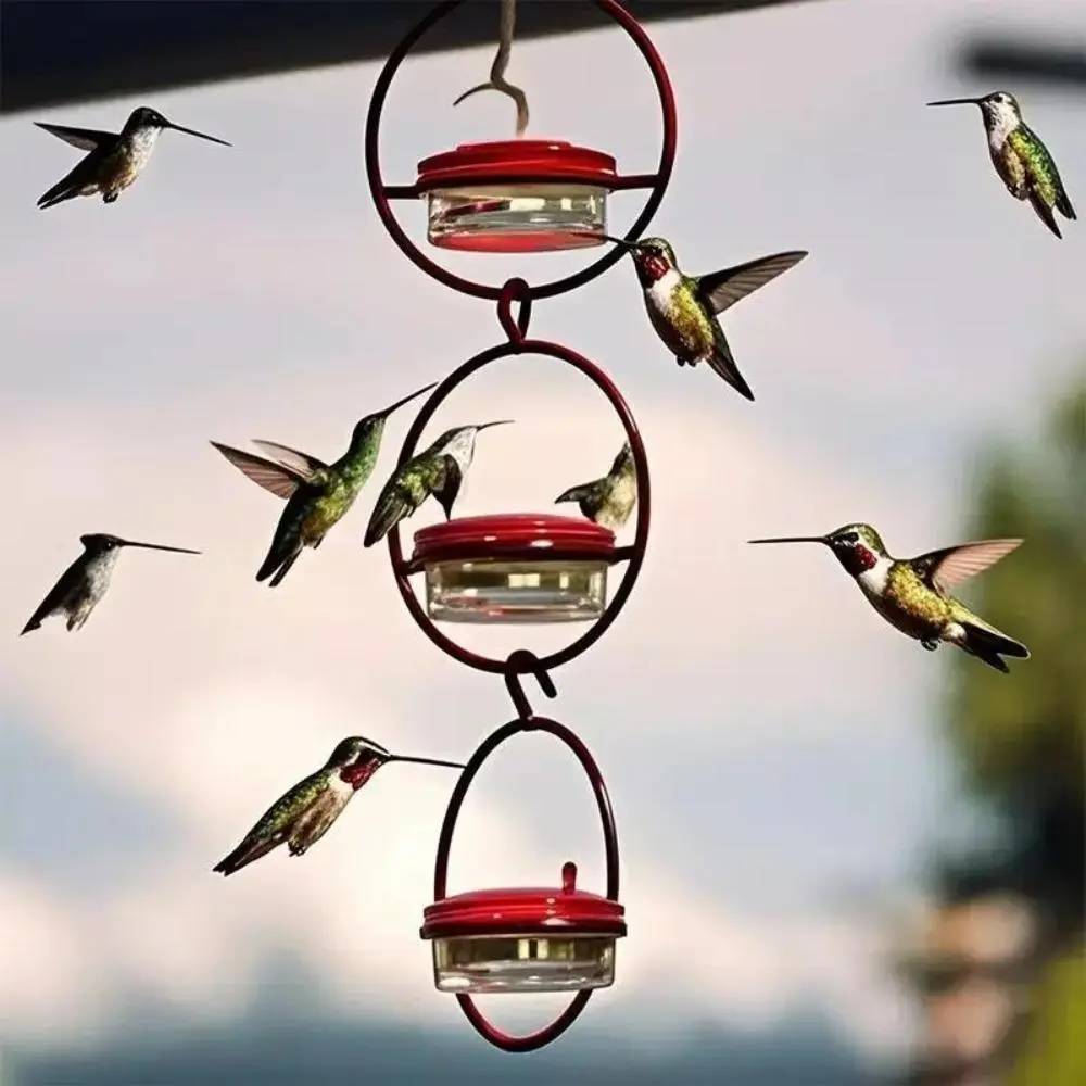 3-Piece Hanging Hummingbird Feeders - Red Plastic Bottles with Metal Frames and Perches, Leakproof Easy-Clean Outdoor Garden Bird Watching Accessories, 3 Pieces