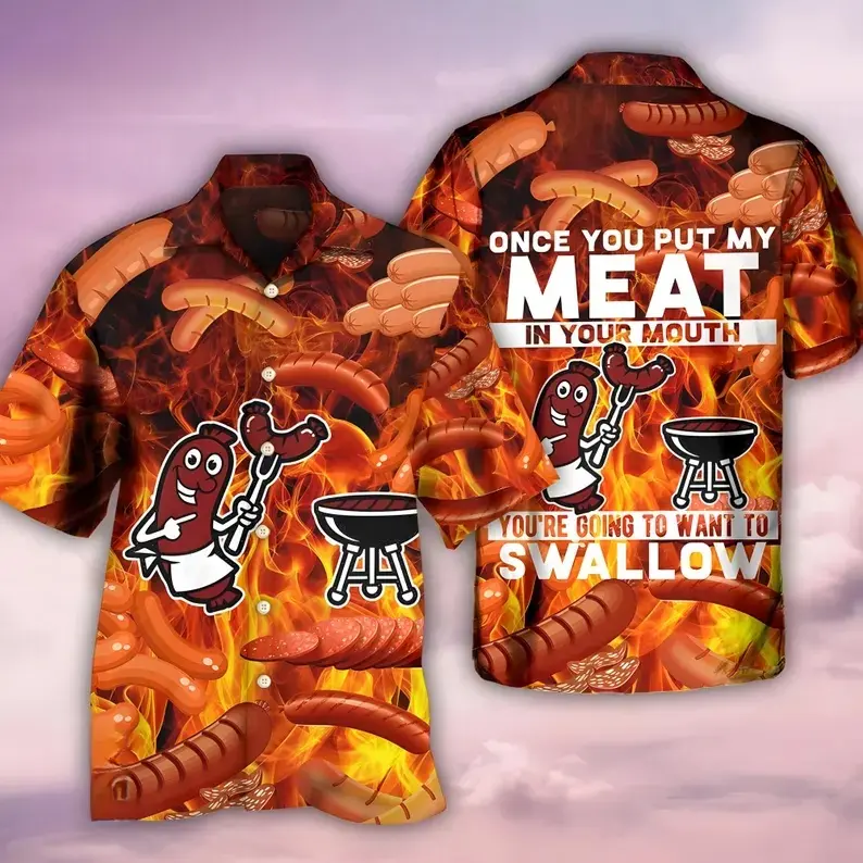 Funny BBQ Sausage Hawaiian Shirt, Flame Grill Print Short Sleeve Aloha Shirt with Funny Text, Novelty Summer Beach Party Shirt for Grill Lovers#TikTokMadeMeBuyIt#BBQPartyShirt#FunnySausageAloha#FlameGrillShirt
