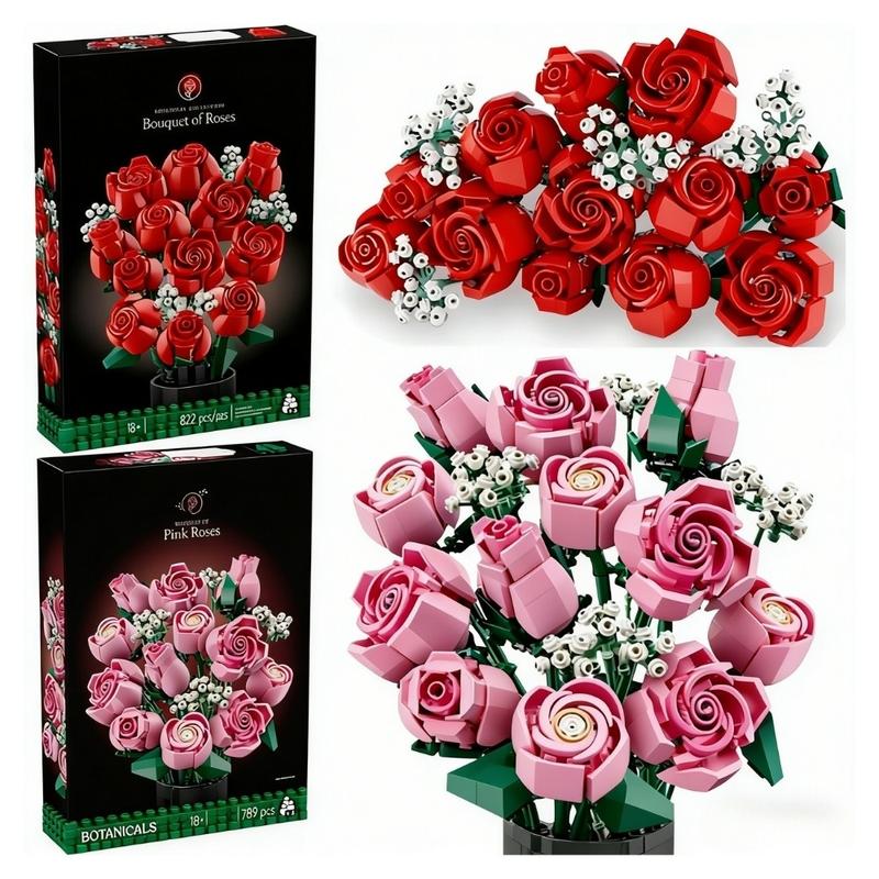 789pcs Pink Rose Bouquet 10374 Building Blocks Sets Red Rose Artificial Flower Bouquet Suitable for Christmas Gifts for Girlfriend Valentine's Day Gifts