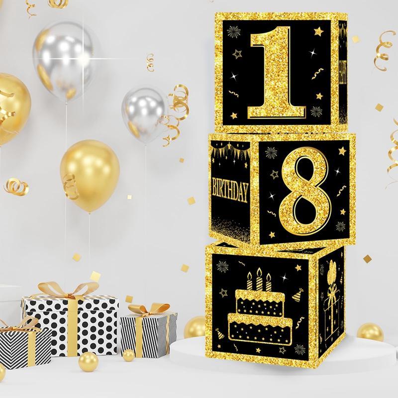 Happy Birthday Box Black Gold 18th 30th 40th 50th 60th Happy Birthday Decorations for Home Adults Party Decor Gift Supplies