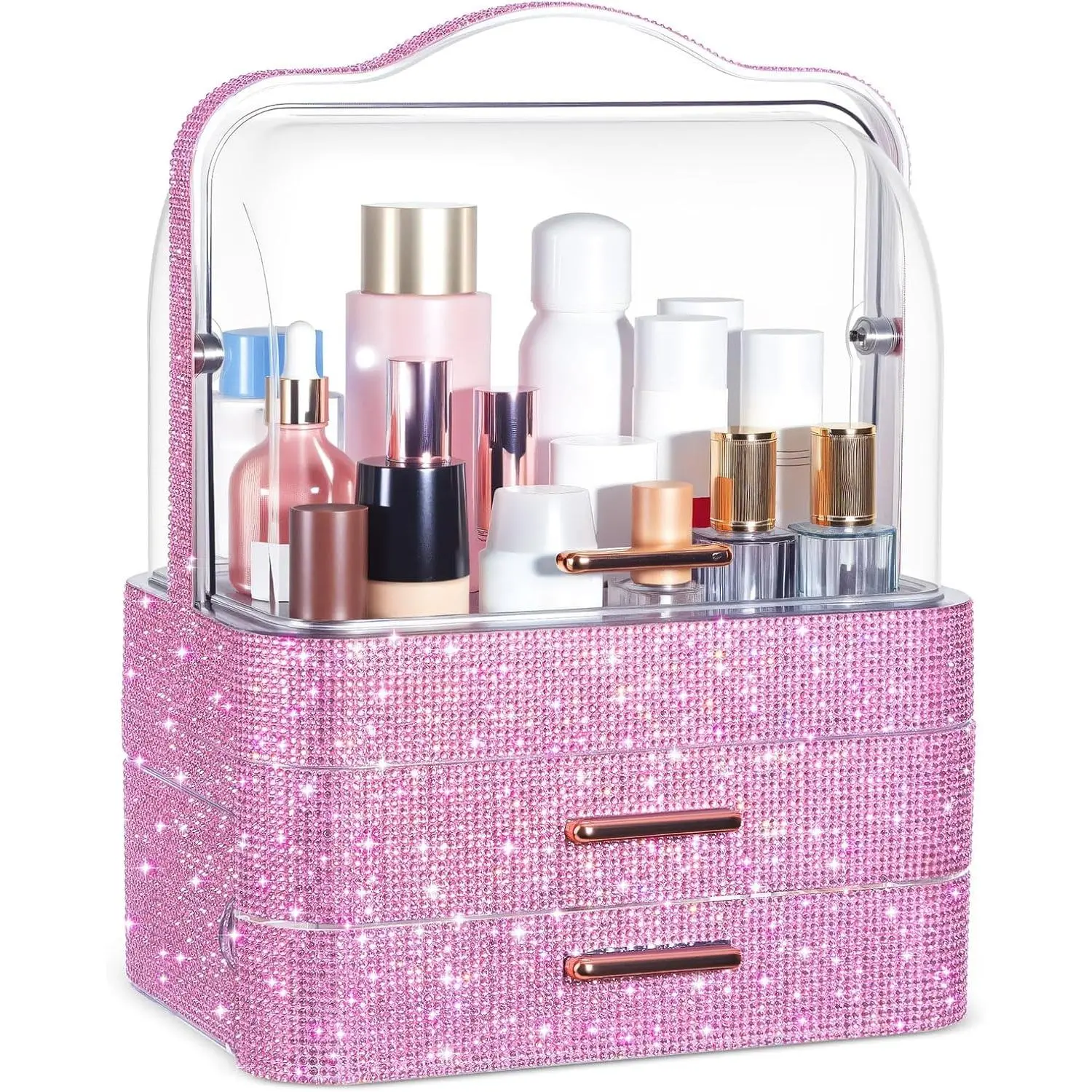 Bling Makeup Organizer for Women Birthday Gifts Preppy Skincare Perfume Organizer Rhinestone  Display Cases with Transparent Cover for Countertop, Desk(,Rhinestone)