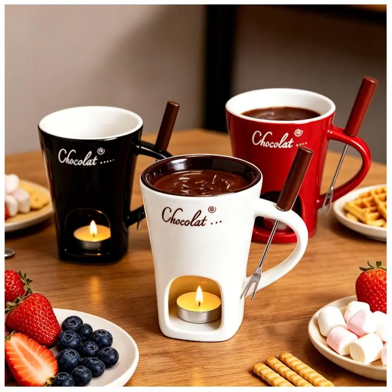 Valentine's Day Ceramic Fondue Pot Set with Forks, Mini Chocolate & Cheese Melting Fondue Maker Bowl, Party Gift for Wedding Birthday, 3 Colors Available, Candle Not Included