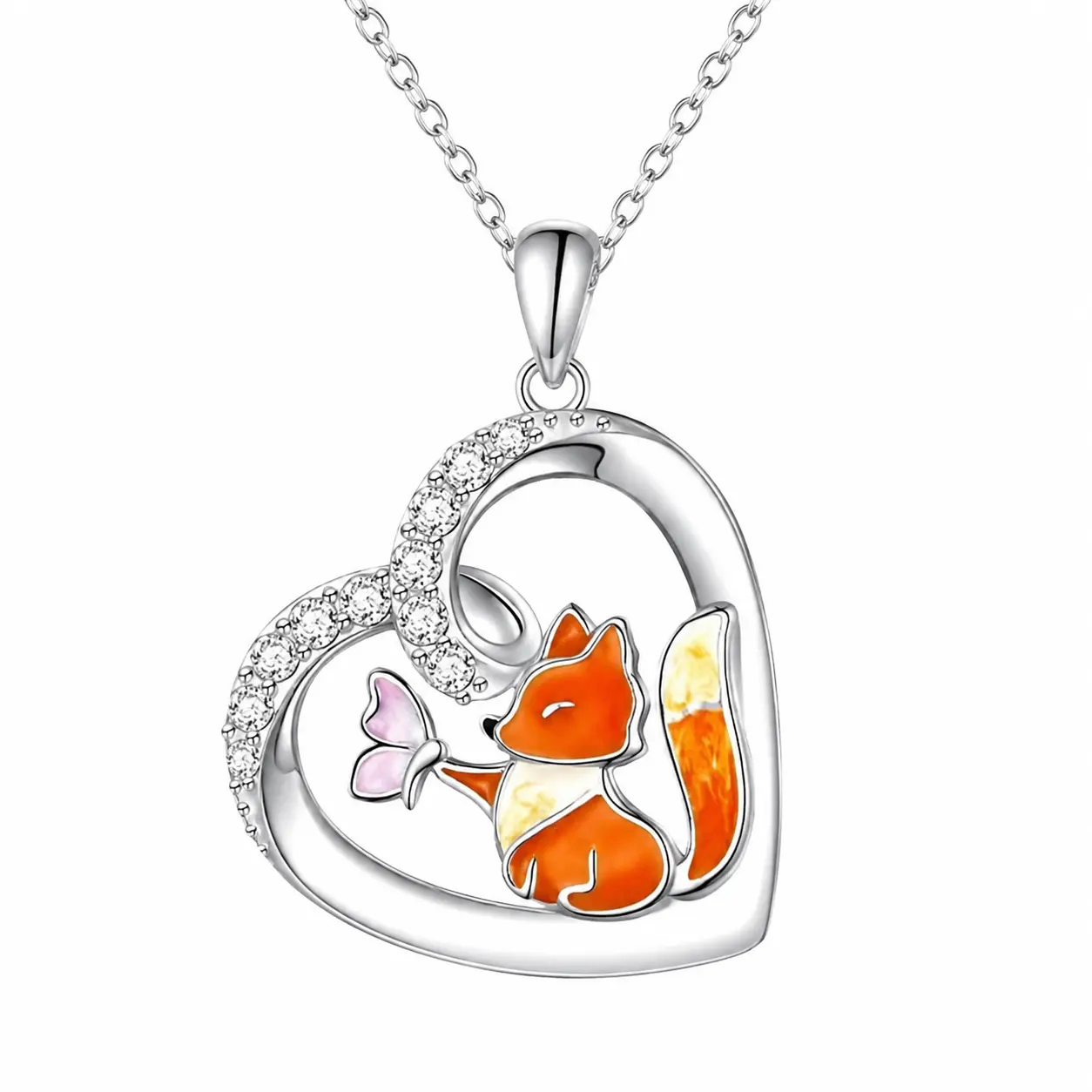 Silver Plated Heart Cute Enamel Fox and Butterfly Pendant Necklace with CZ for Women Girls Birthday Jewelry Gift