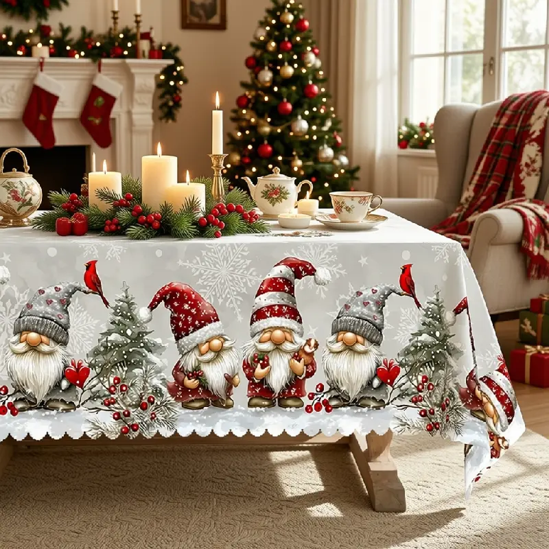 Christmas Gnome Cardinal and Evergreen Printed Tablecloth for Holiday Dining Room Decor polyester, washable, clearance sale