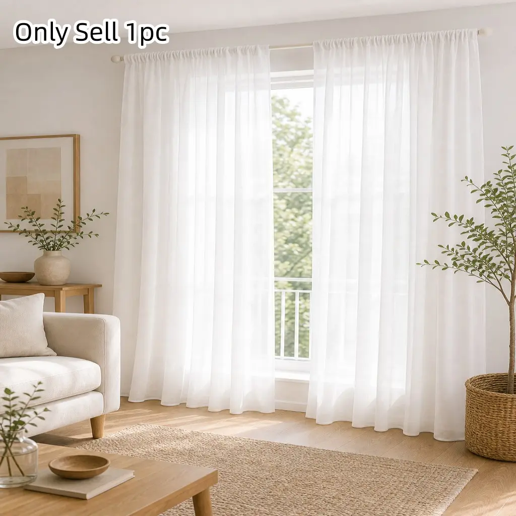 1pc Modern Minimalist Textured Sheer Drapes, Rod Insert No Drill Easy Install, Linen Texture Soft Light Semi-Transparent, Fits Modern Full Window
