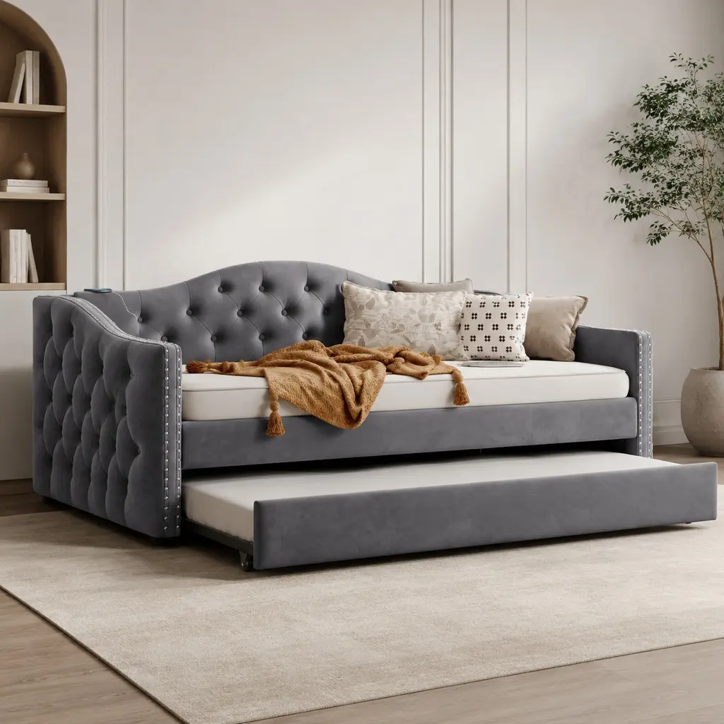 ARCH Furniture Classic Gray Twin-Size Velvet Mid-Century Upholstered Trundle Bed with USB Ports, Tufted Back, Waved Arms, Wood Frame, Polyurethane Foam, Assembly Required, 81.10x40.55x29.50in for Bedroom