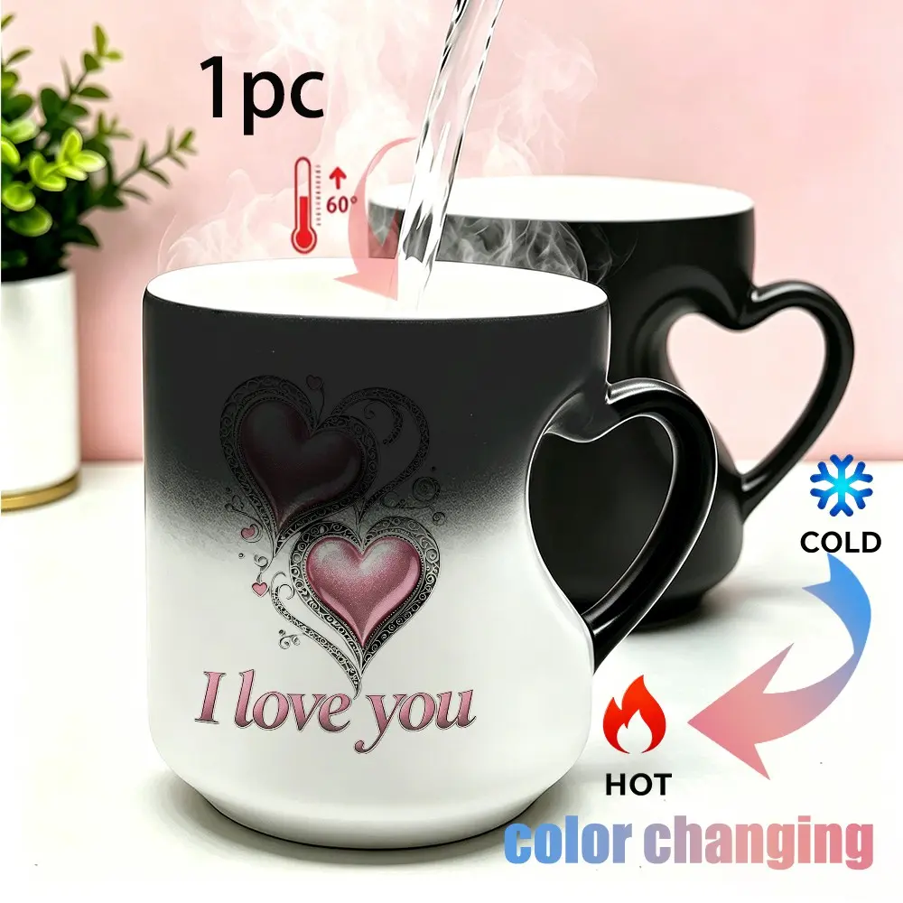 Heart Shaped Handle Color Changing Mug, Heat Sensitive Coffee Cup With I Love You Heart Pattern, 350ml Ceramic Temperature Sensitive Mug, Valentine's Day Couple Gift, 1PC, Ceramic Cups