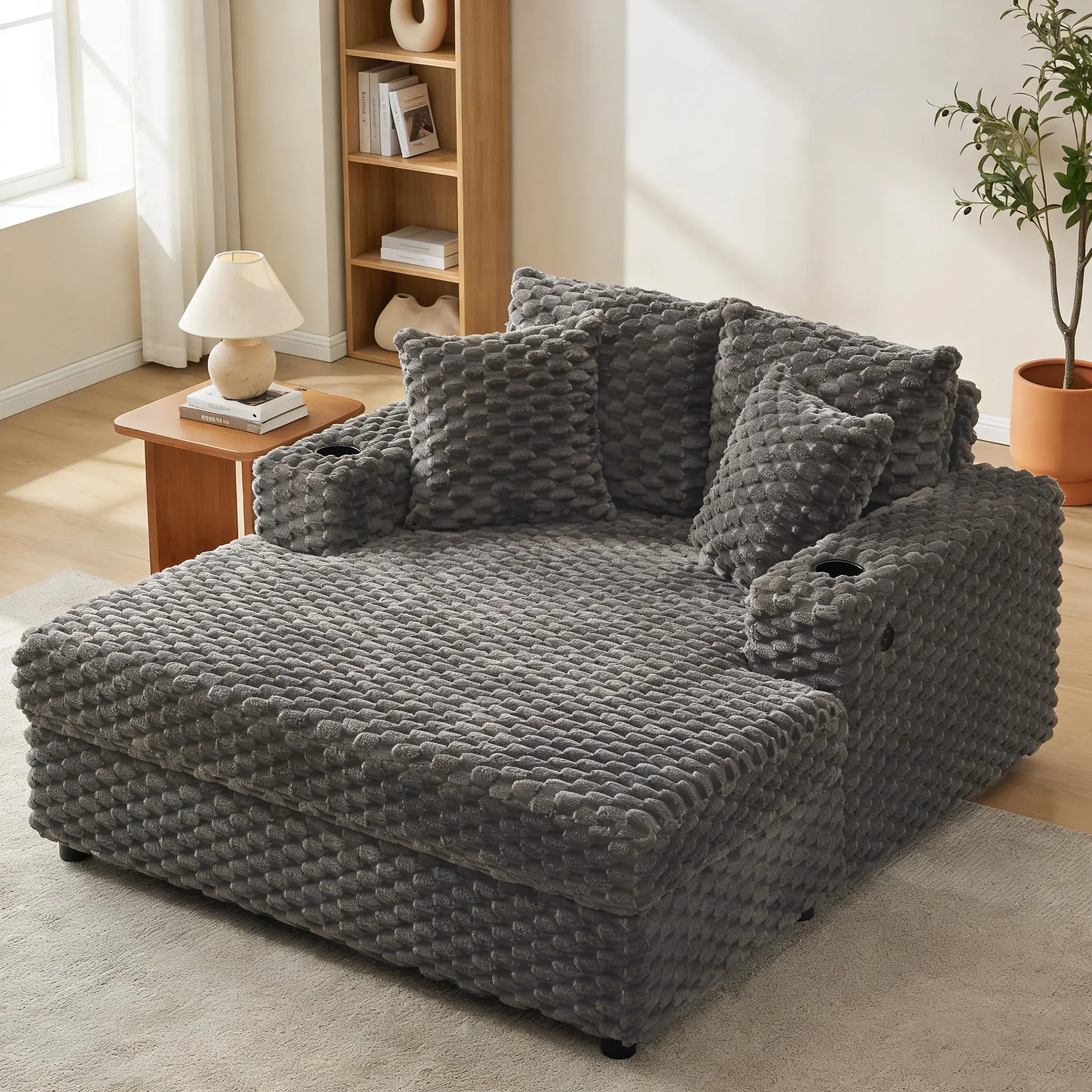 60" Oversized Chaise Lounge Chair – Upholstered Sofa Bed with Throw Pillows & Armrests, Cozy Reading Sleeper for Living Room & Bedroom