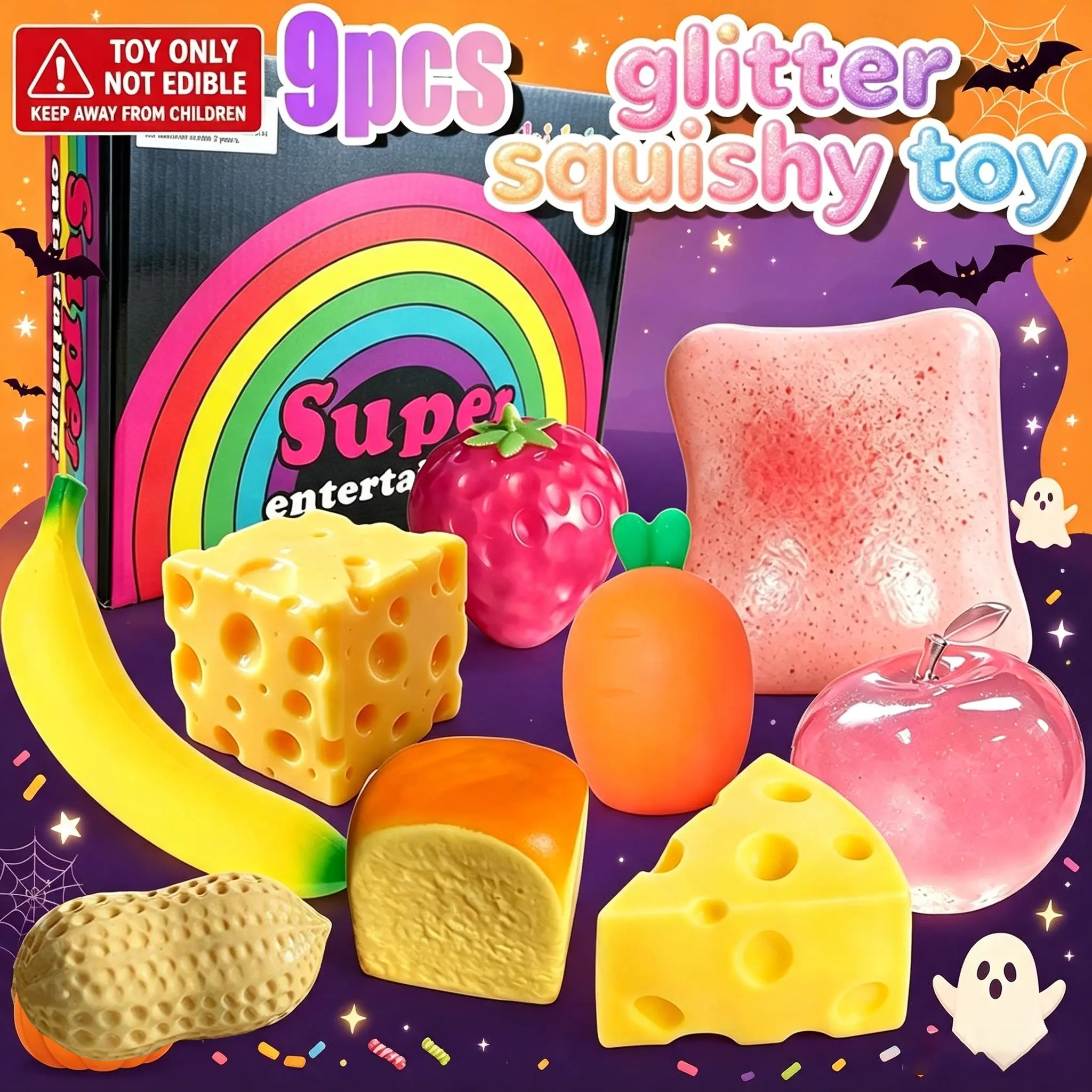 Squishy Healing Series Stress Relief Fun Toy Set, Includes Toast, Cheese, Strawberry, Creative Slow Rebound Plush Toys, Kids Party Gift, Halloween Decor