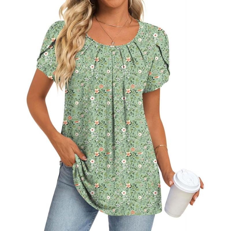 Womens Tops 2026 Spring Summer Tunic Short Sleeve Casual Shirts Pleated Blouses for Leggings M-3XL