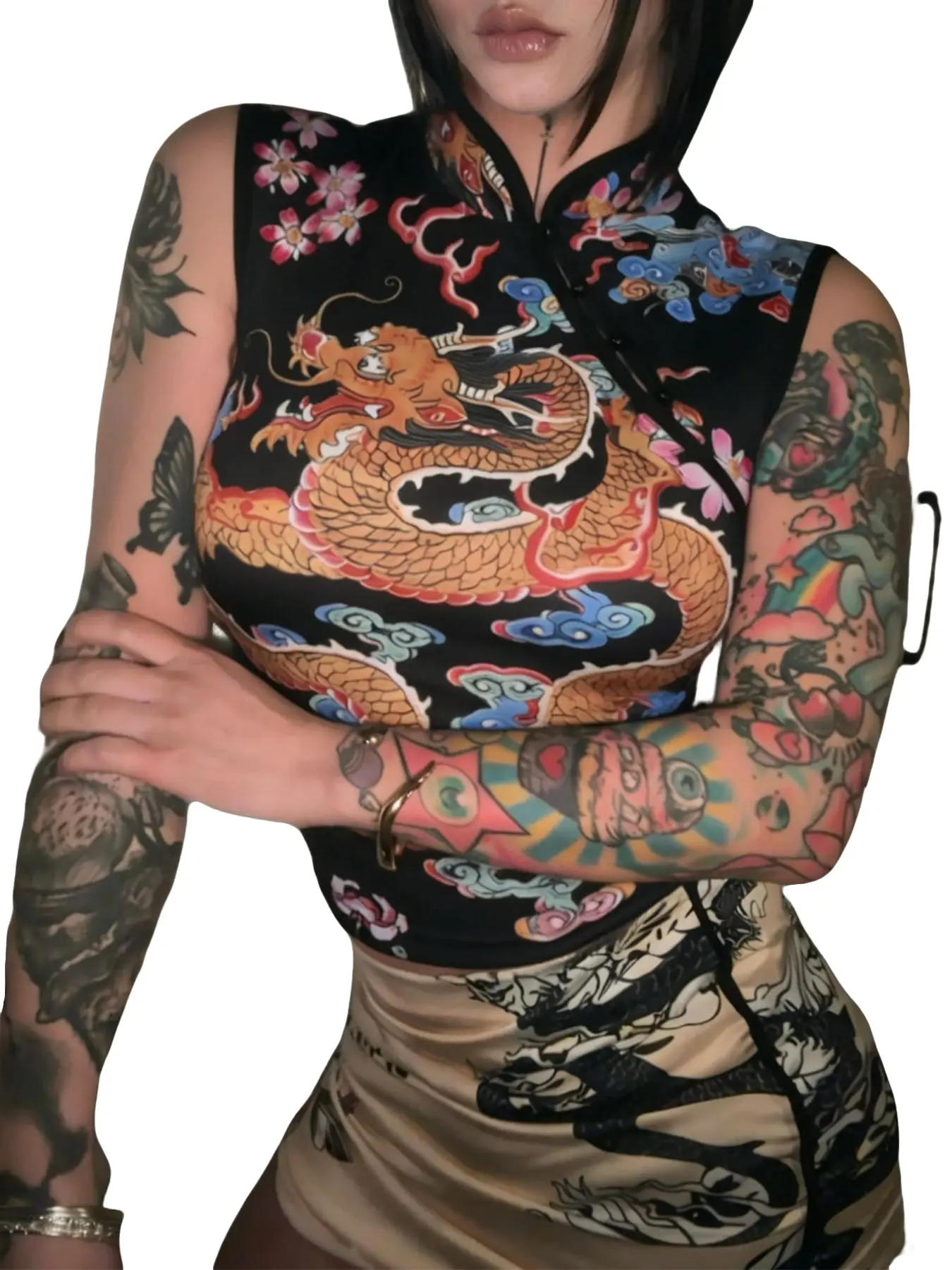New Traditional Dragon Print Sleeveless Qipao Top, Retro Style, Gold Dragon Cloud Flower Pattern, Perfect for National Style Events, Music Festivals, Streetwear
