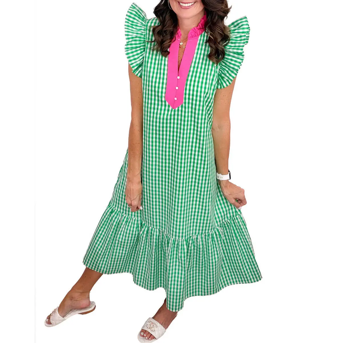 Women's Casual Summer Plaid Midi Dress - Cotton Blend Shift Silhouette with Ruffled Cap Sleeves, Pockets and Colorblock Placket