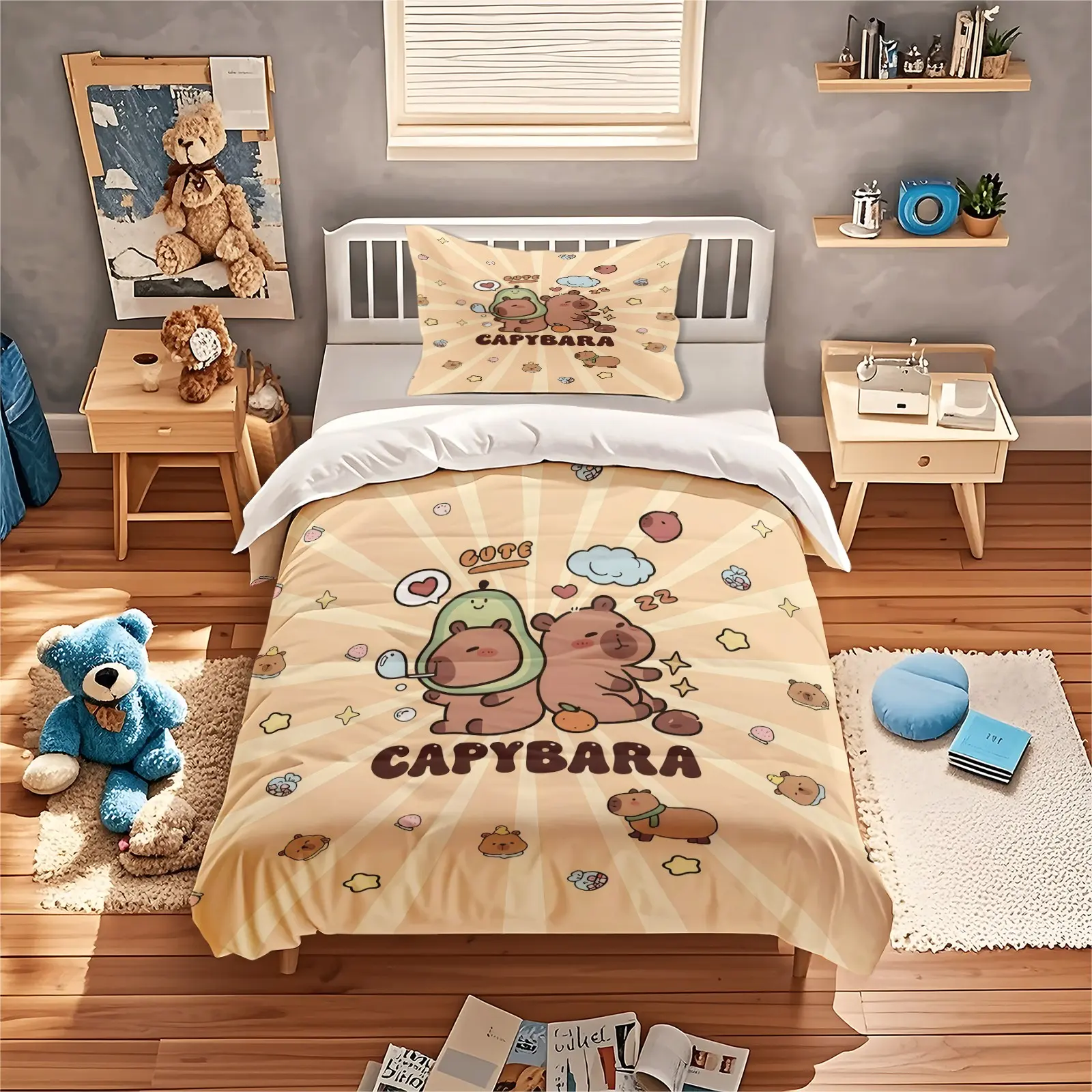 Cartoon Capibala Print Duvet Cover Set, 1 Duvet Cover With 1/2 Pillowcase (Excluding Core And Pillow), Suitable For Teenagers And Adults In Bedrooms, Dormitories, And Guest Rooms, Suitable As a Gift And Decoration, Print Bedding Set