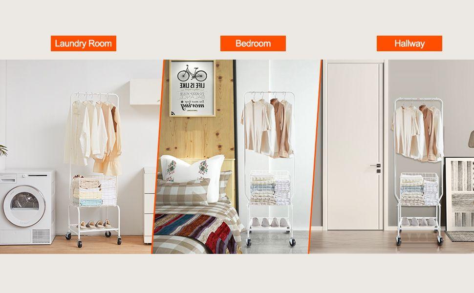 VEVOR Metal Rolling Laundry Basket with Hanging Garment Rack, Height Adjustment Laundry Hamper Cart with Basket Load and Shelf Load, Storage Organizer with Heavy Duty Lockable Wheels