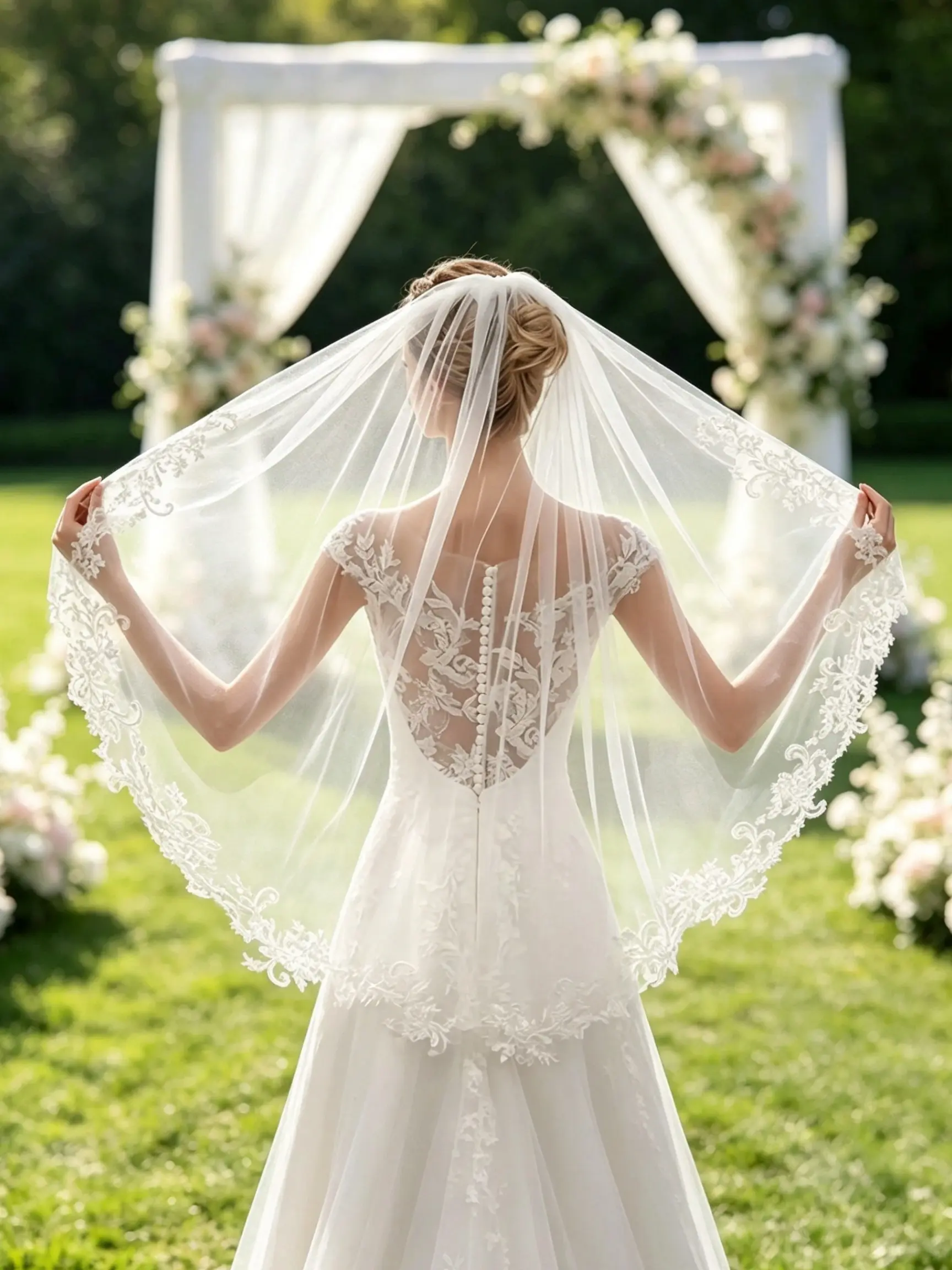 This 75cm shoulder-length wedding veil, featuring exquisite lace floral appliqués and a white tulle edge, is the perfect accessory for a wedding gown.