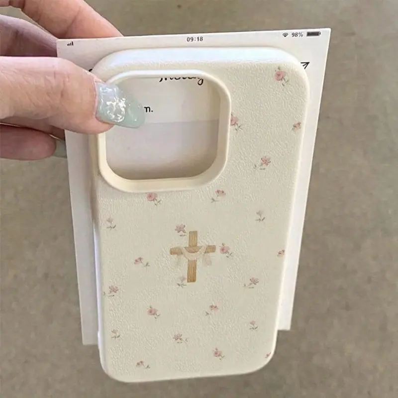 Delicate Floral Cross Design Phone Case, Full Protection Shockproof Tpu Cover, Compatible with iPhone 11-17 Pro Max, Anti-Slip Lightweight Soft Shell, Casing