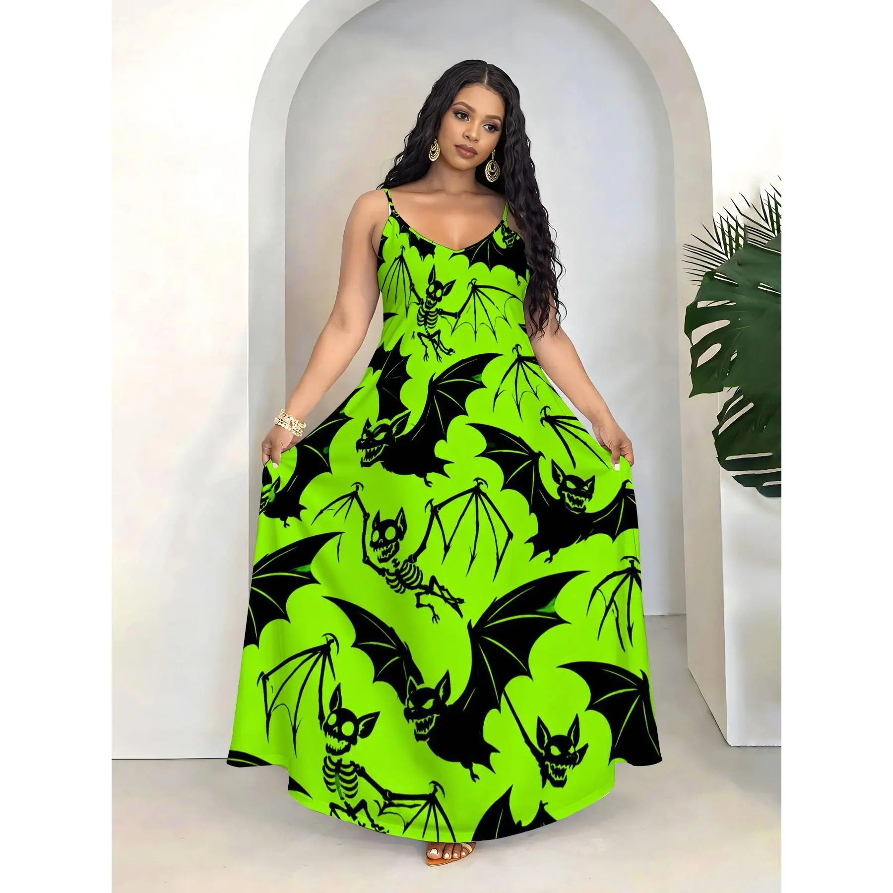 [New Halloween] Ladies bat and skull print sleeveless neck suspender skirt, bat theme full body loose version summer dress, suitable for casual Halloween