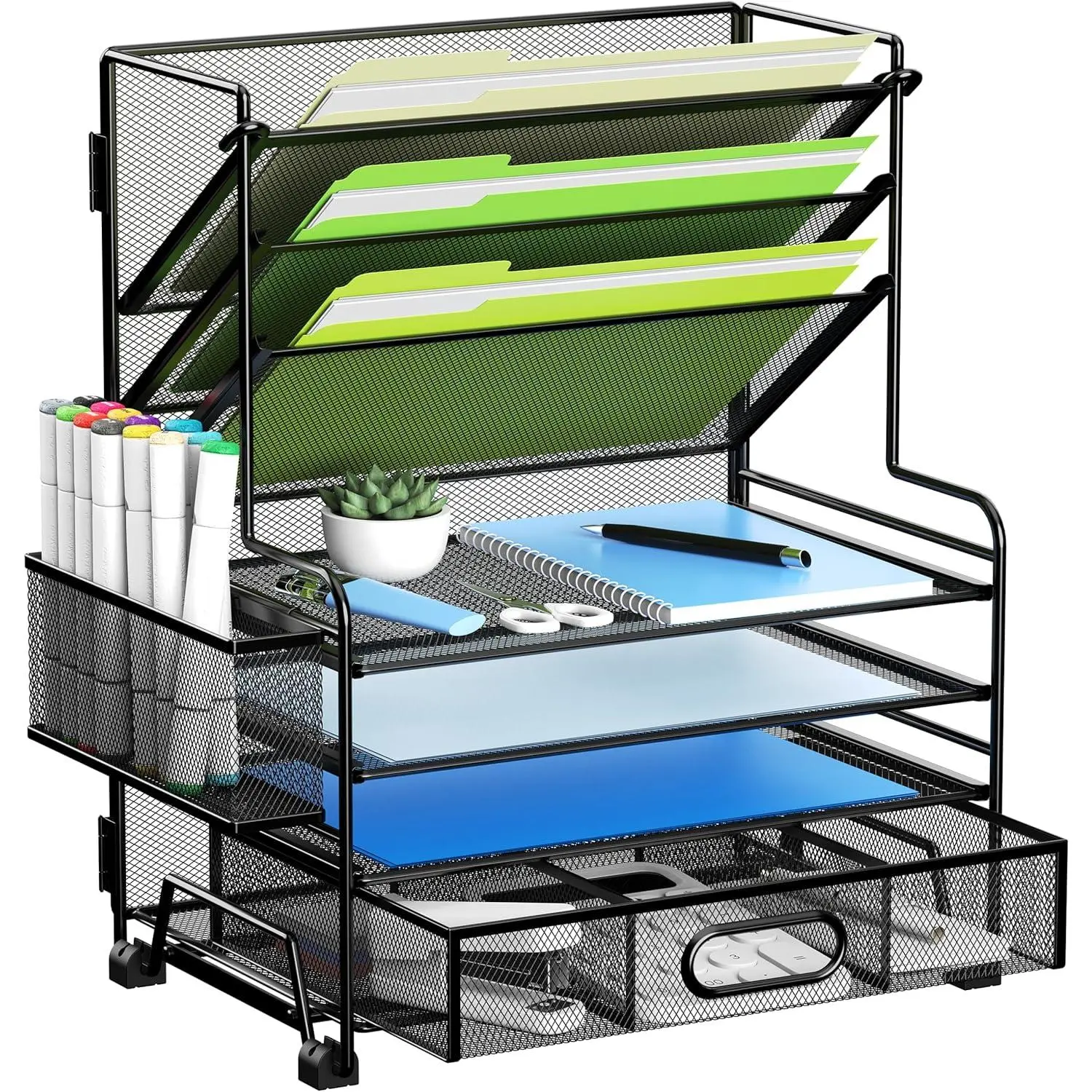 4-Tier Paper Organizer + 3-Pocket File Holder + Drawer + Pen Holders, Desktop File Organizers Paper Tray for Office Accessories School Classroom Organization (Black)