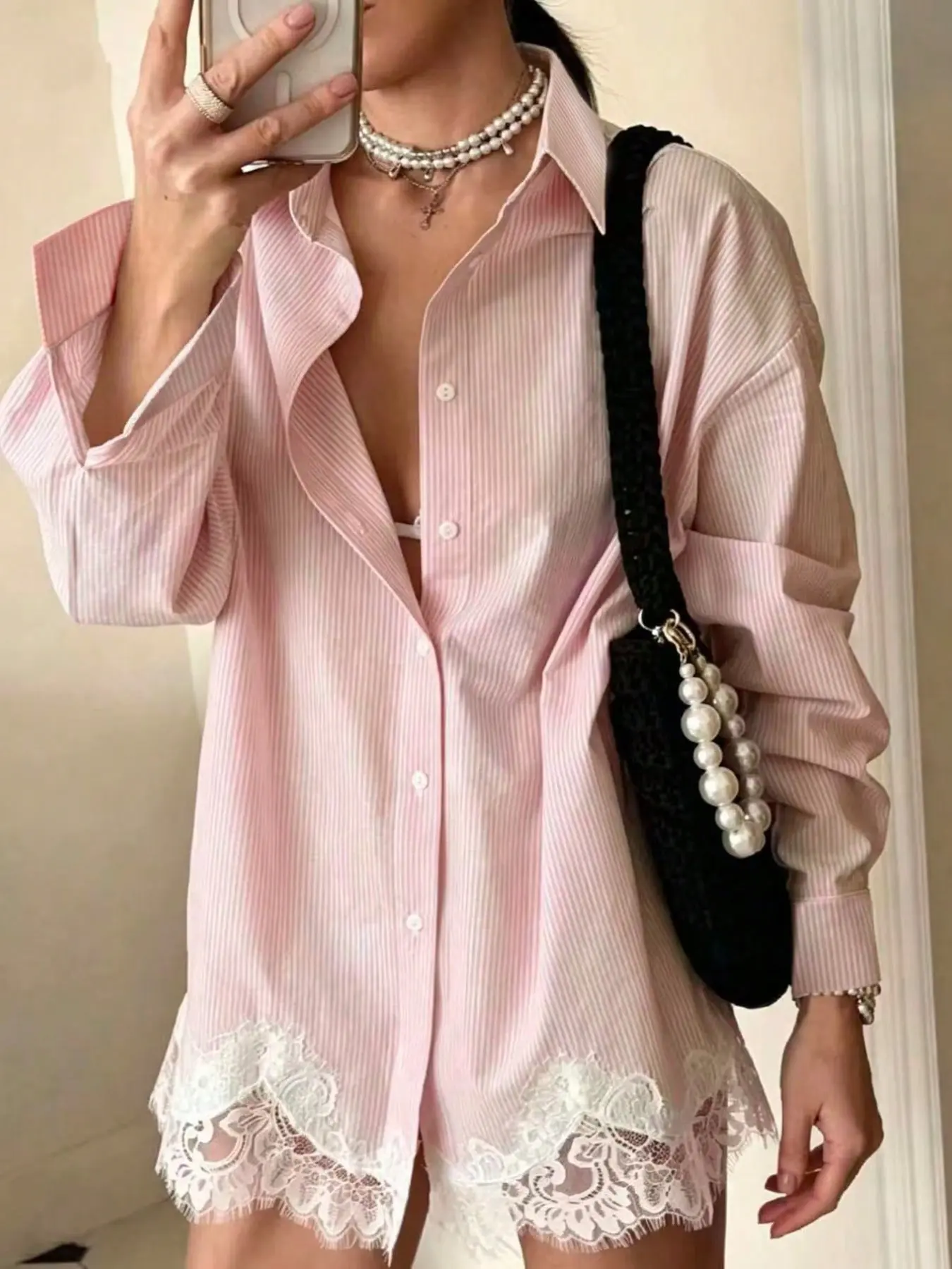 Women's Vertical Striped Loose Button Shirt, Collared Long Sleeve Blouse with Lace Hem, Lightweight Beach Cover-Up, Multiple Colors Available